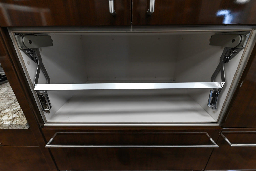 Downsview Glossy Brown Modern Kitchen with Island, Quartz Countertops and Wolf Appliances