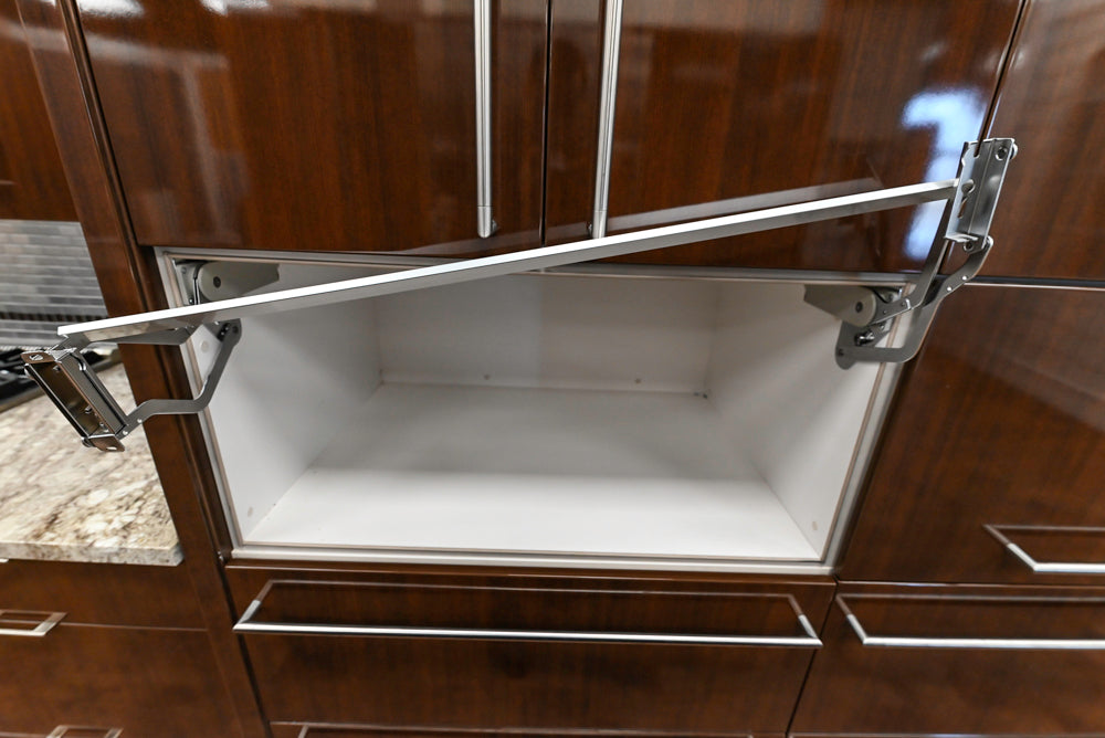 Downsview Glossy Brown Modern Kitchen with Island, Quartz Countertops and Wolf Appliances