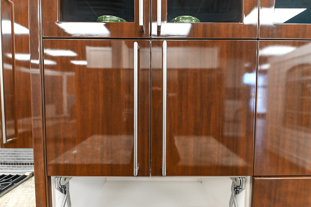 Downsview Glossy Brown Modern Kitchen with Island, Quartz Countertops and Wolf Appliances