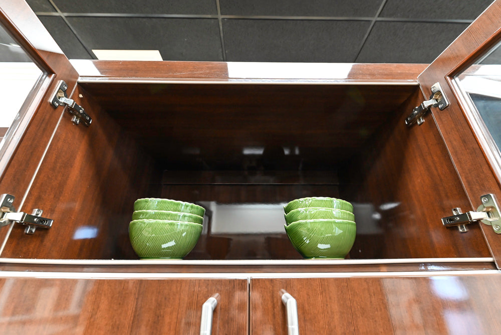 Downsview Glossy Brown Modern Kitchen with Island, Quartz Countertops and Wolf Appliances