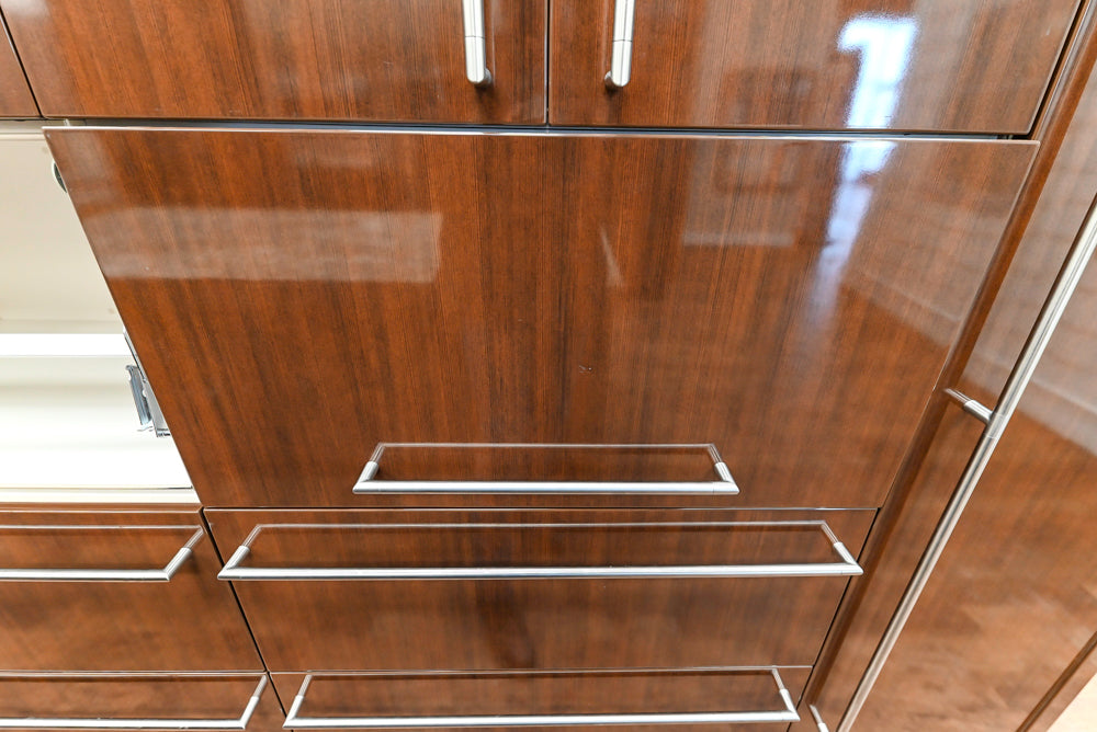 Downsview Glossy Brown Modern Kitchen with Island, Quartz Countertops and Wolf Appliances