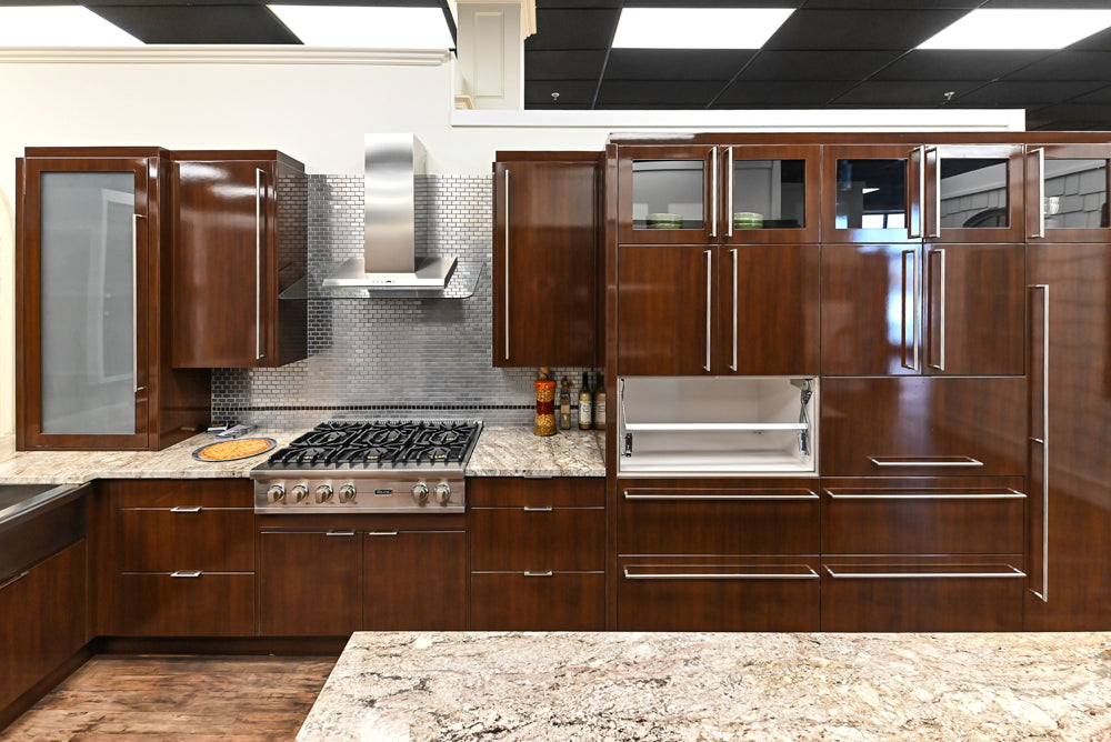 Downsview Glossy Brown Modern Kitchen with Island, Quartz Countertops and Wolf Appliances