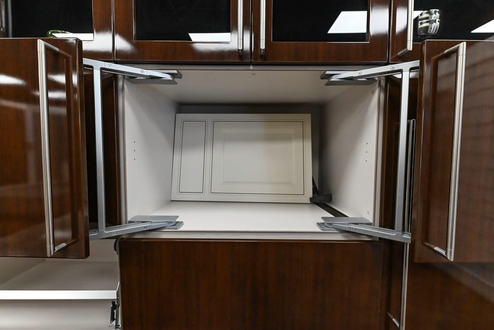 Downsview Glossy Brown Modern Kitchen with Island, Quartz Countertops and Wolf Appliances