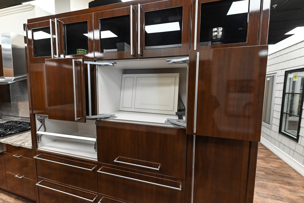 Downsview Glossy Brown Modern Kitchen with Island, Quartz Countertops and Wolf Appliances