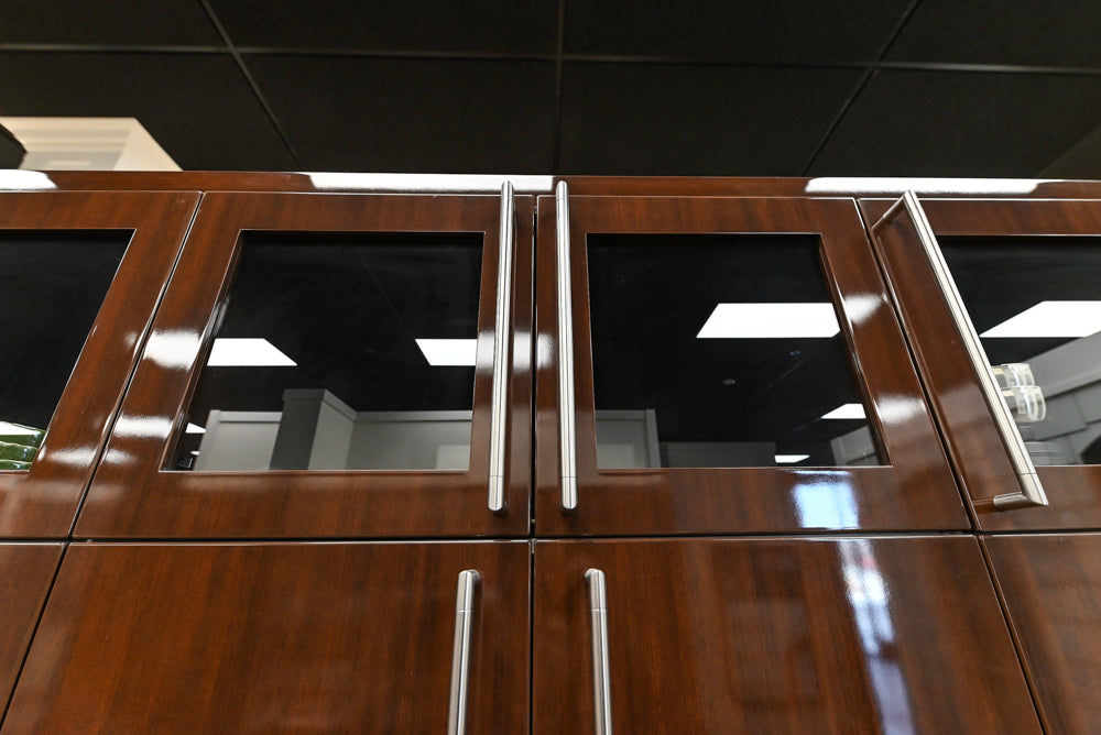Downsview Glossy Brown Modern Kitchen with Island, Quartz Countertops and Wolf Appliances