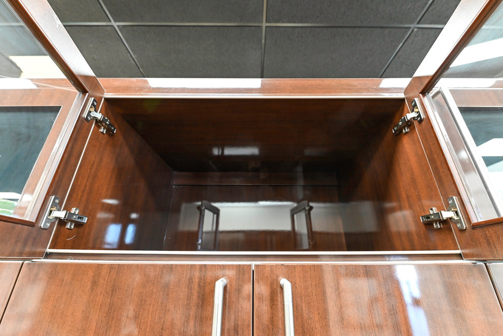 Downsview Glossy Brown Modern Kitchen with Island, Quartz Countertops and Wolf Appliances