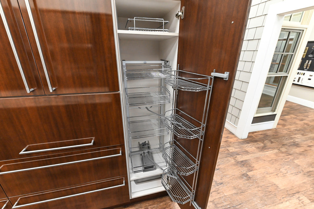 Downsview Glossy Brown Modern Kitchen with Island, Quartz Countertops and Wolf Appliances