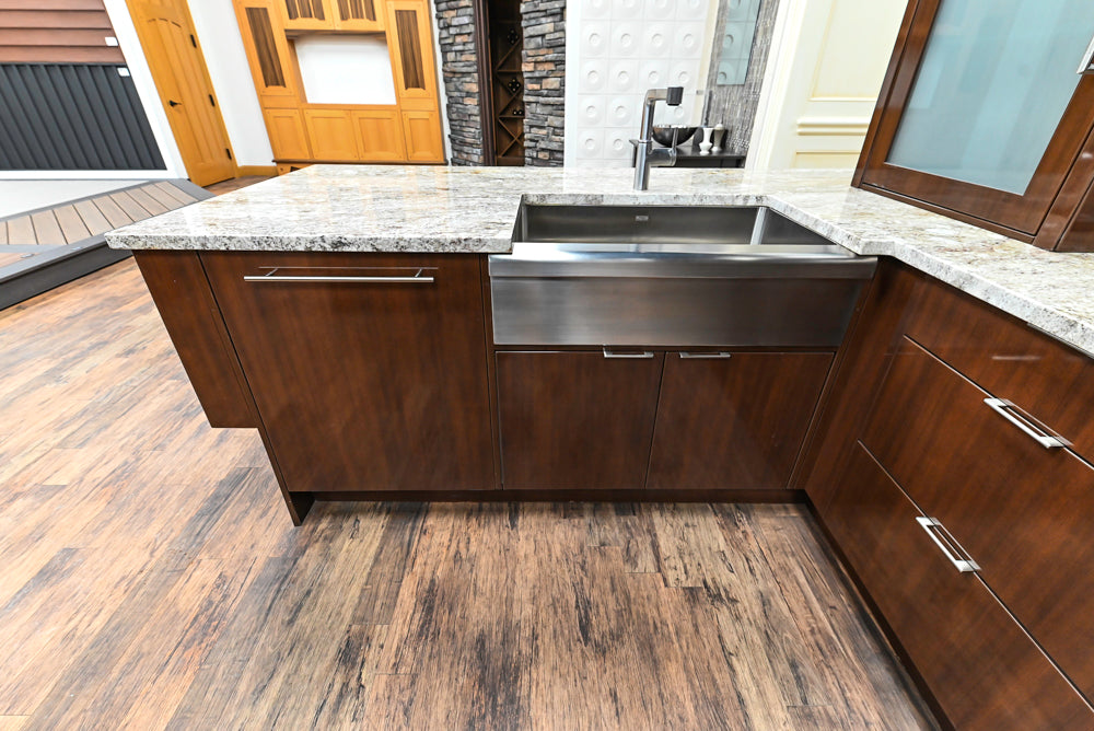 Downsview Glossy Brown Modern Kitchen with Island, Quartz Countertops and Wolf Appliances