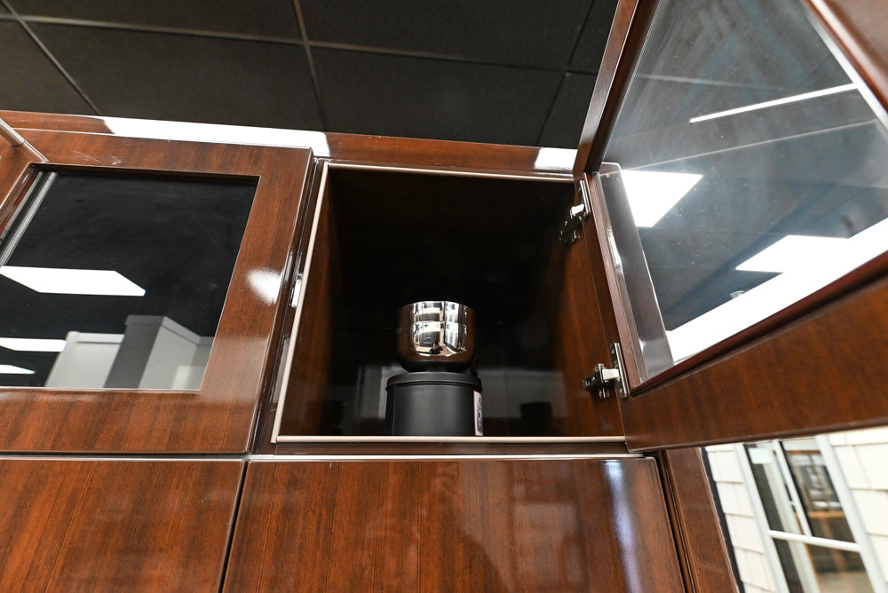 Downsview Glossy Brown Modern Kitchen with Island, Quartz Countertops and Wolf Appliances