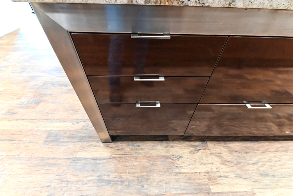 Downsview Glossy Brown Modern Kitchen with Island, Quartz Countertops and Wolf Appliances