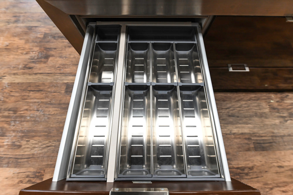 Downsview Glossy Brown Modern Kitchen with Island, Quartz Countertops and Wolf Appliances