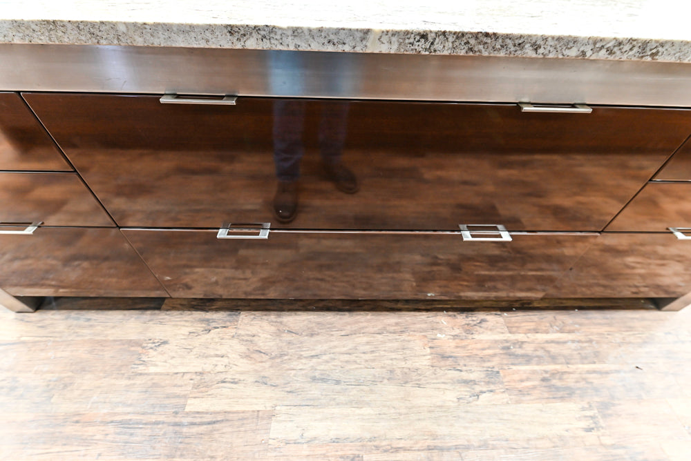 Downsview Glossy Brown Modern Kitchen with Island, Quartz Countertops and Wolf Appliances