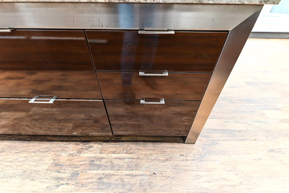 Downsview Glossy Brown Modern Kitchen with Island, Quartz Countertops and Wolf Appliances