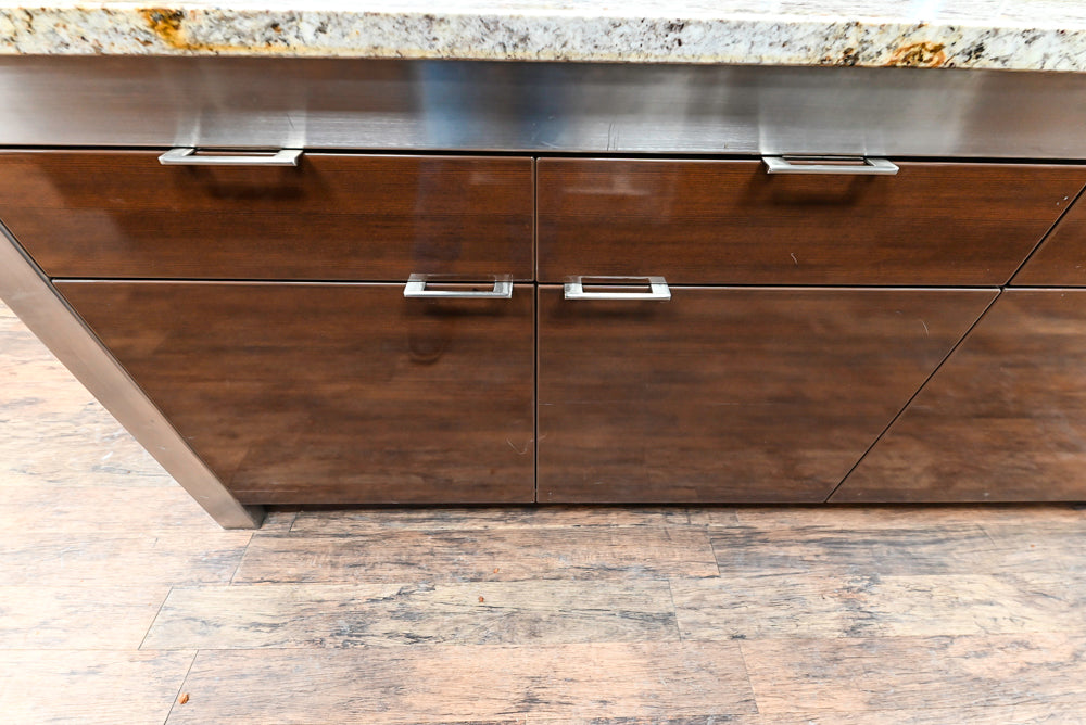 Downsview Glossy Brown Modern Kitchen with Island, Quartz Countertops and Wolf Appliances