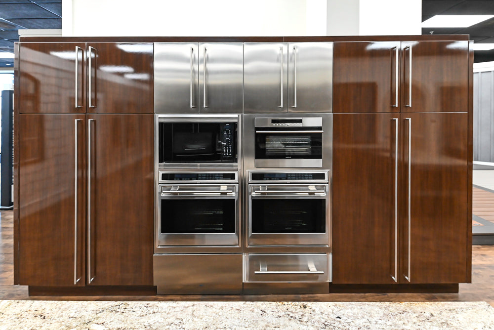 Downsview Glossy Brown Modern Kitchen with Island, Quartz Countertops and Wolf Appliances