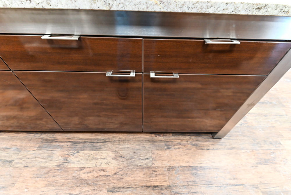 Downsview Glossy Brown Modern Kitchen with Island, Quartz Countertops and Wolf Appliances