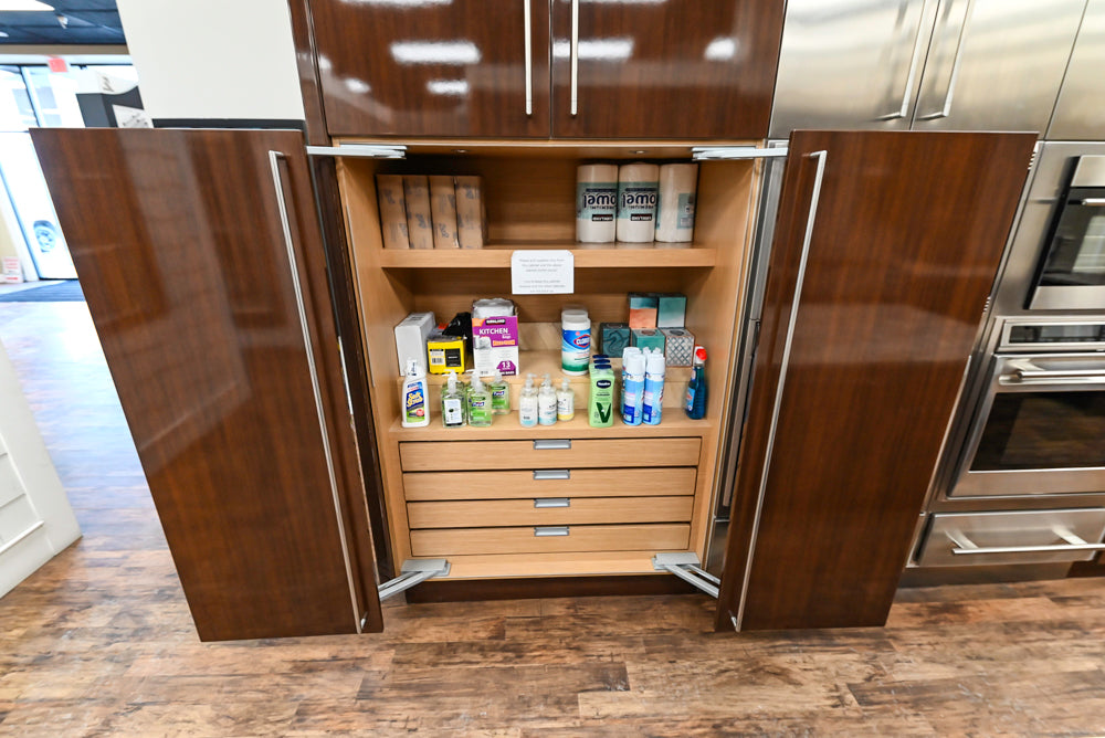 Downsview Glossy Brown Modern Kitchen with Island, Quartz Countertops and Wolf Appliances