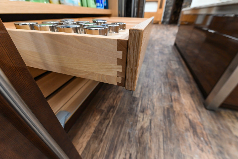 Downsview Glossy Brown Modern Kitchen with Island, Quartz Countertops and Wolf Appliances