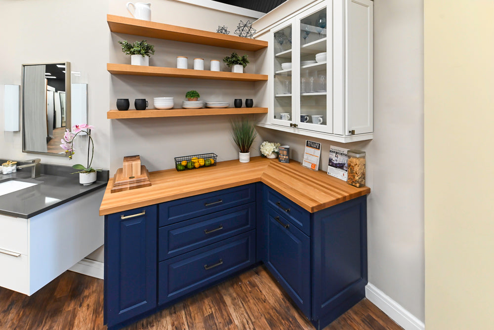 Showplace Traditional Navy & White Corner Pantry with Butcher Block Counters