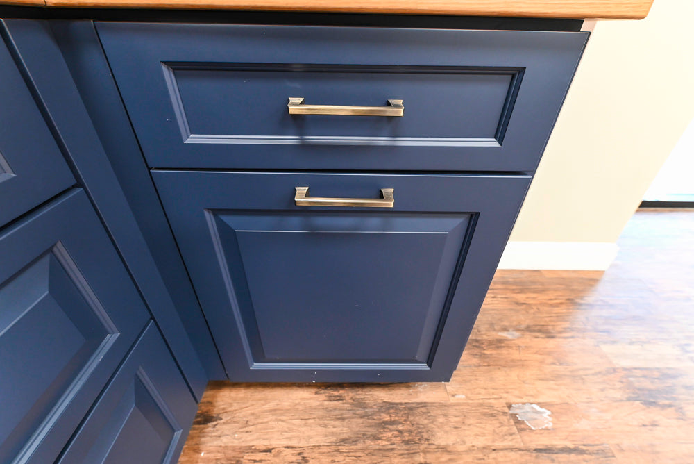 Showplace Traditional Navy & White Corner Pantry with Butcher Block Counters