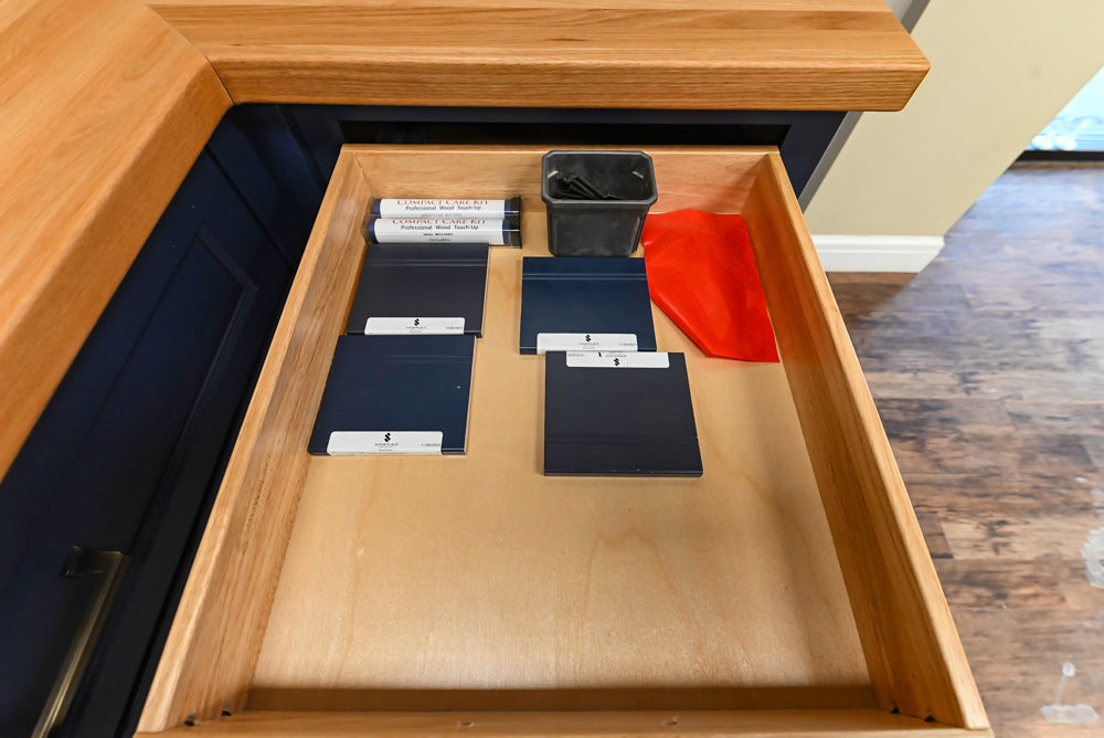 Showplace Traditional Navy & White Corner Pantry with Butcher Block Counters
