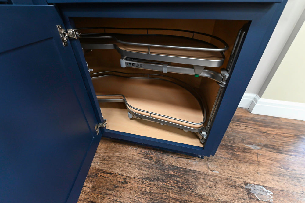 Showplace Traditional Navy & White Corner Pantry with Butcher Block Counters
