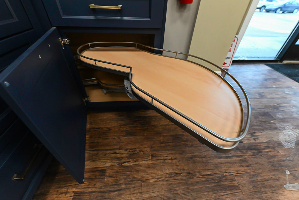 Showplace Traditional Navy & White Corner Pantry with Butcher Block Counters