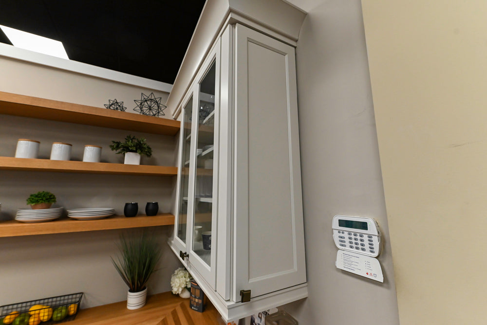 Showplace Traditional Navy & White Corner Pantry with Butcher Block Counters