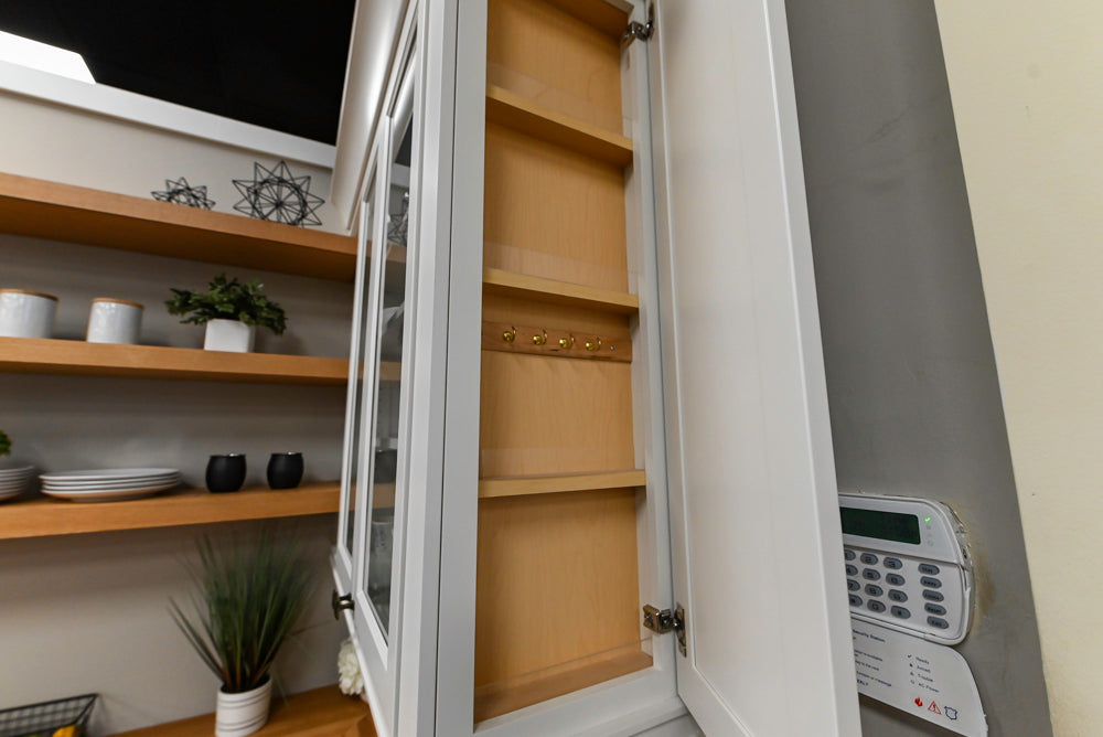 Showplace Traditional Navy & White Corner Pantry with Butcher Block Counters