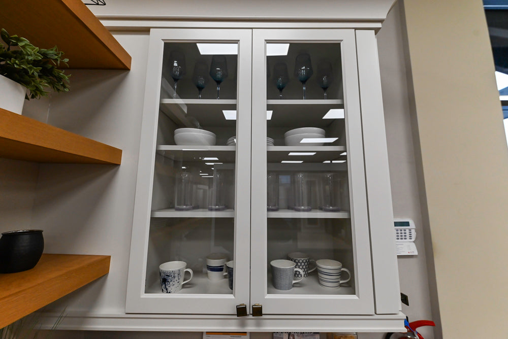 Showplace Traditional Navy & White Corner Pantry with Butcher Block Counters