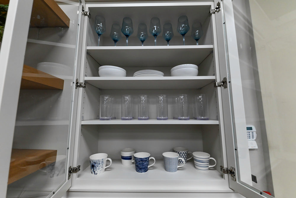 Showplace Traditional Navy & White Corner Pantry with Butcher Block Counters
