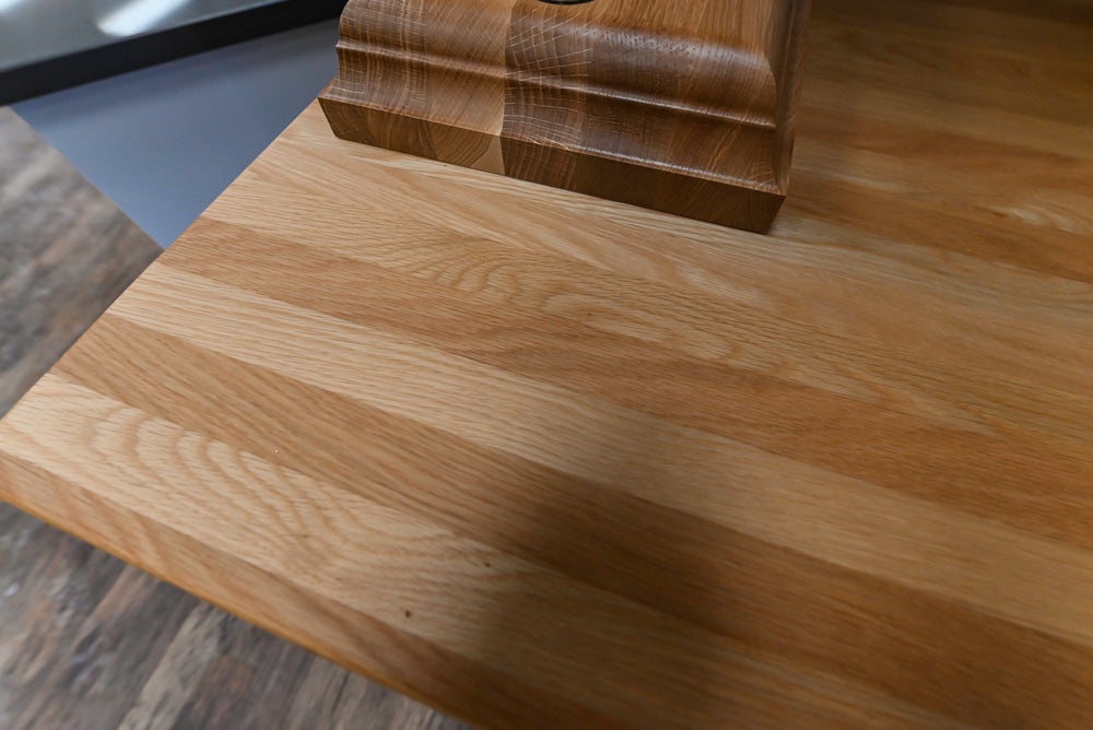 Showplace Traditional Navy & White Corner Pantry with Butcher Block Counters