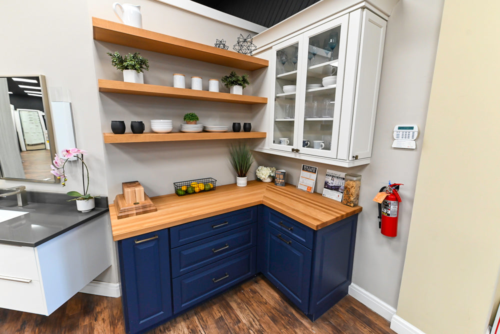Showplace Traditional Navy & White Corner Pantry with Butcher Block Counters