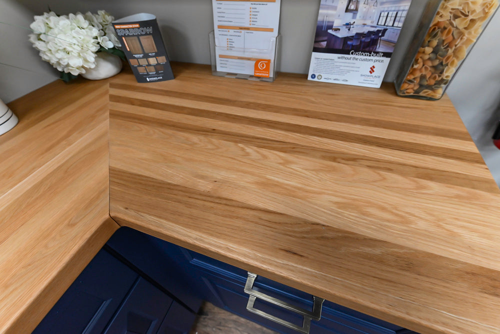 Showplace Traditional Navy & White Corner Pantry with Butcher Block Counters