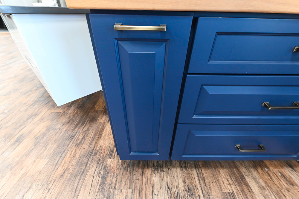 Showplace Traditional Navy & White Corner Pantry with Butcher Block Counters