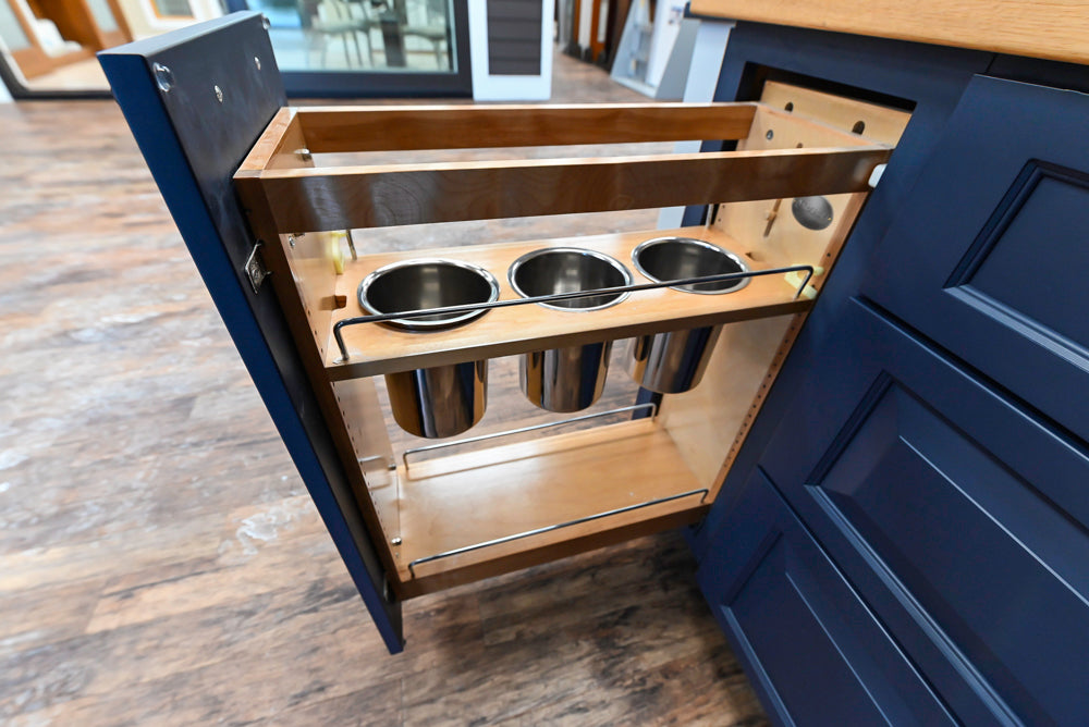 Showplace Traditional Navy & White Corner Pantry with Butcher Block Counters