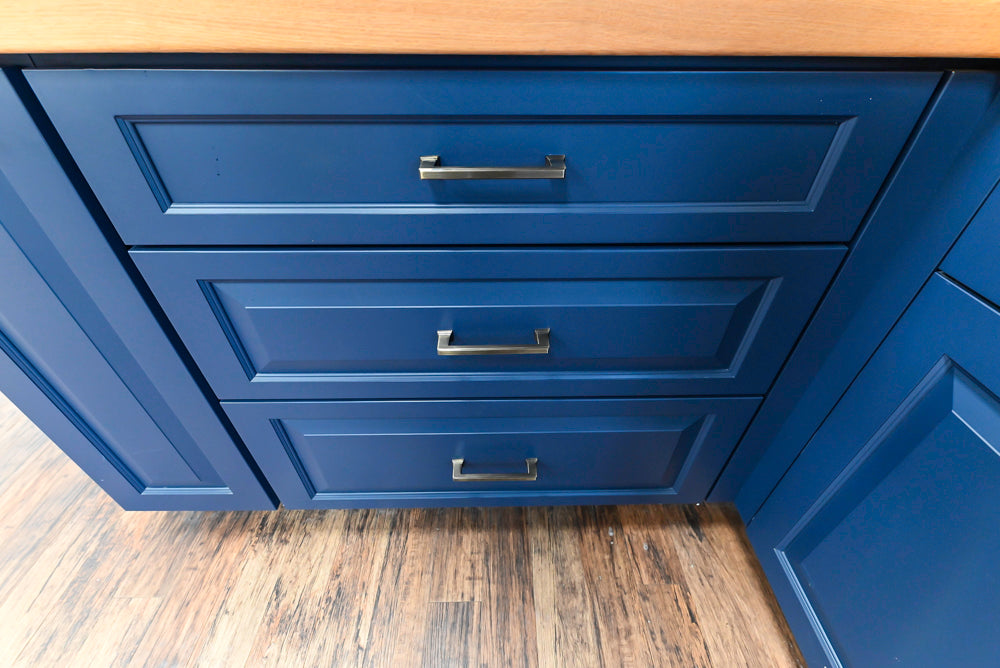 Showplace Traditional Navy & White Corner Pantry with Butcher Block Counters