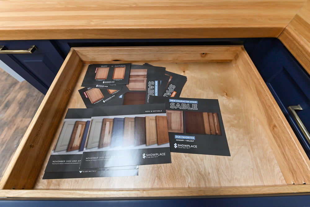 Showplace Traditional Navy & White Corner Pantry with Butcher Block Counters