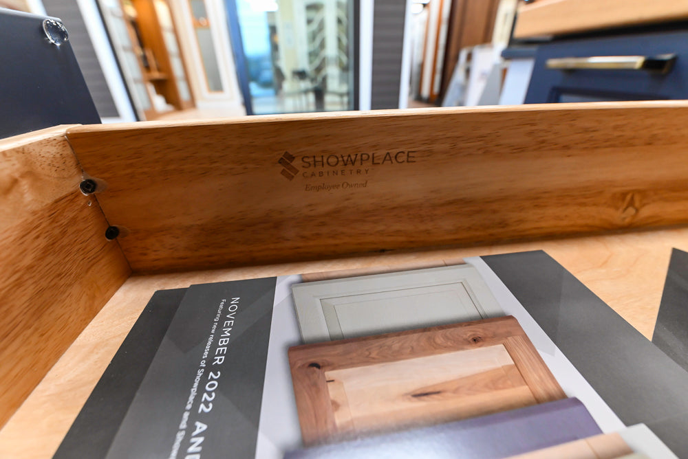 Showplace Traditional Navy & White Corner Pantry with Butcher Block Counters