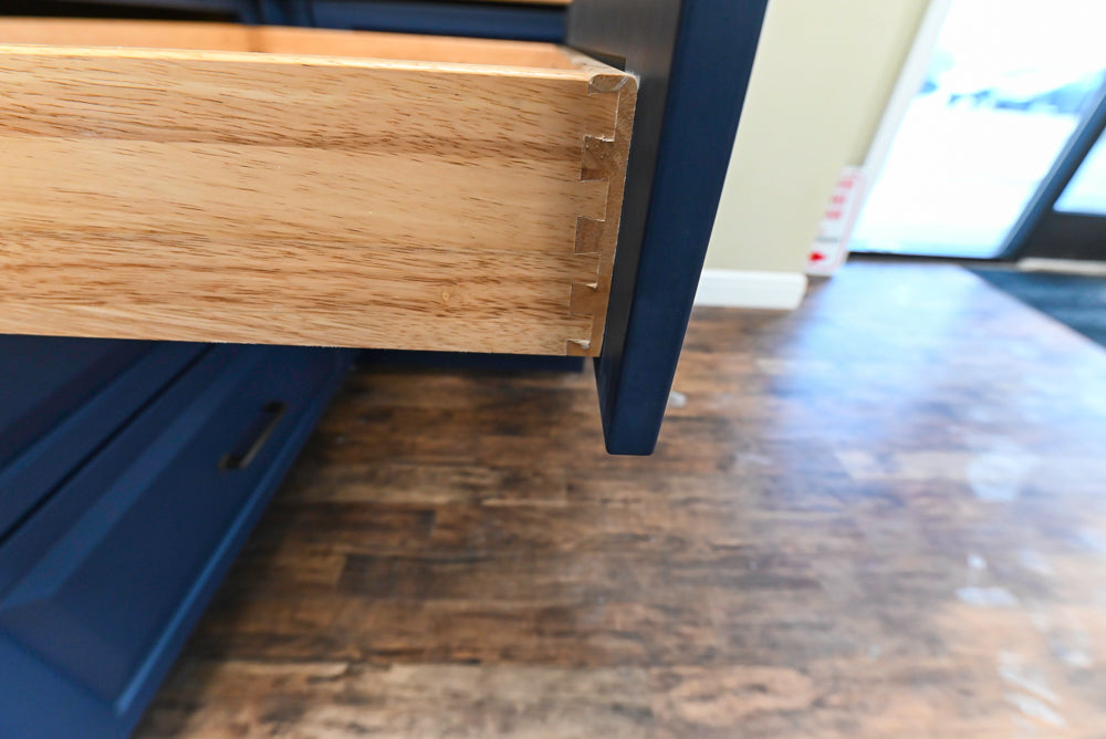 Showplace Traditional Navy & White Corner Pantry with Butcher Block Counters