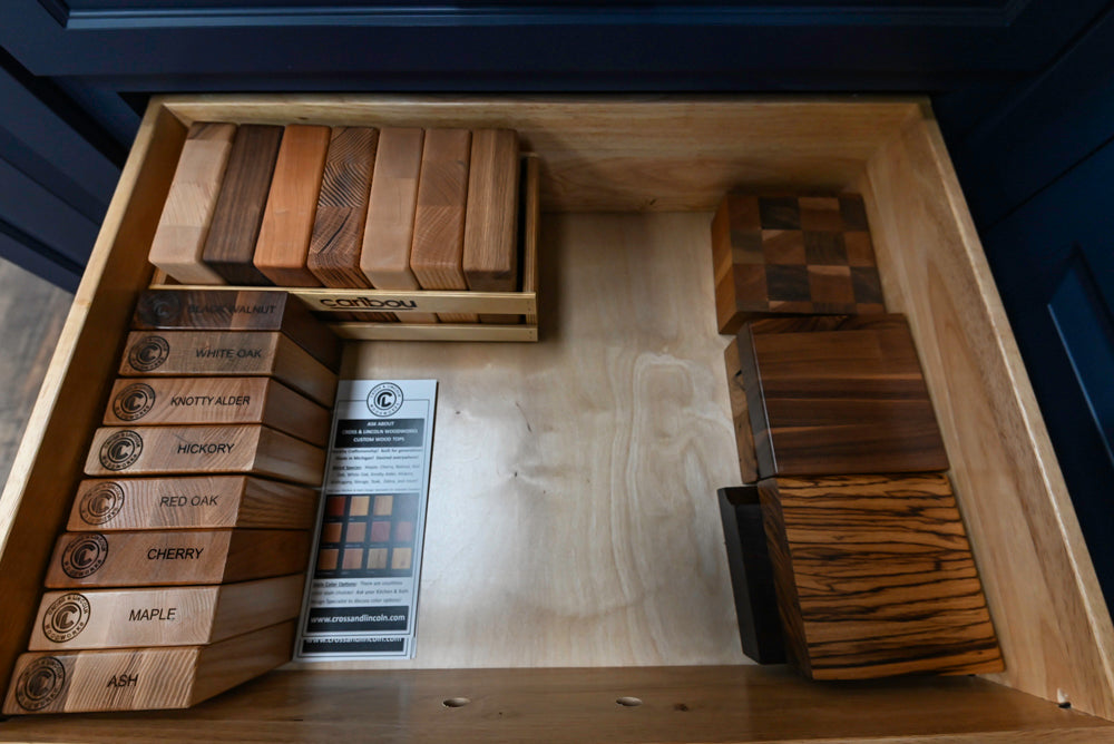 Showplace Traditional Navy & White Corner Pantry with Butcher Block Counters