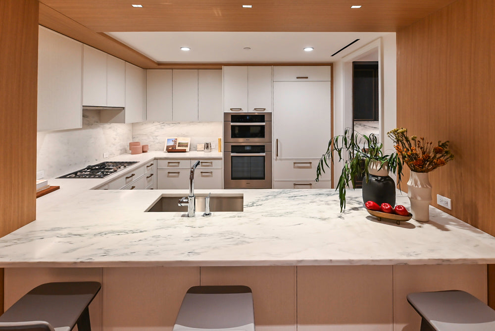 Smallbone Transitional White Oak Kitchen with Marble Countertops & Miele Appliances