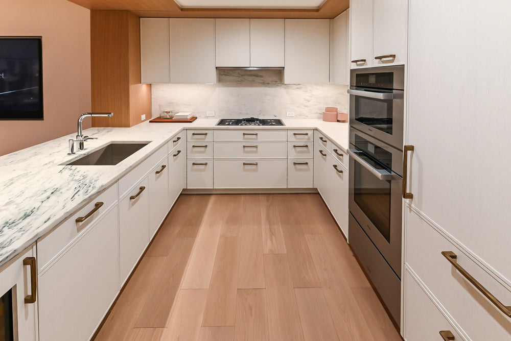Smallbone Transitional White Oak Kitchen with Marble Countertops & Miele Appliances