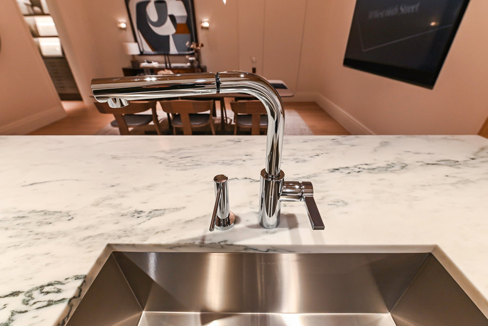 Smallbone Transitional White Oak Kitchen with Marble Countertops & Miele Appliances