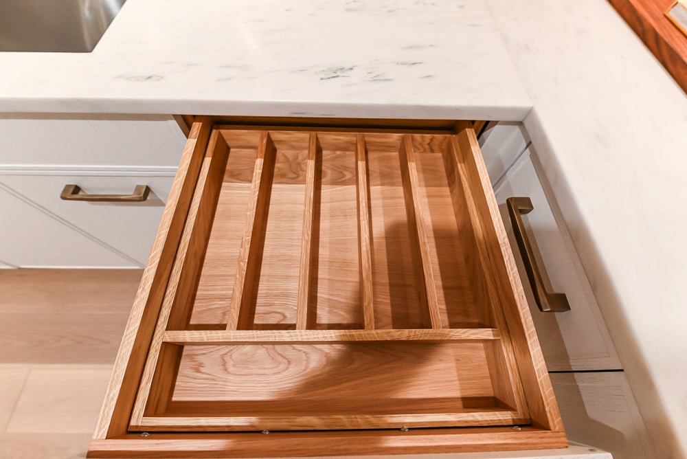 Smallbone Transitional White Oak Kitchen with Marble Countertops & Miele Appliances
