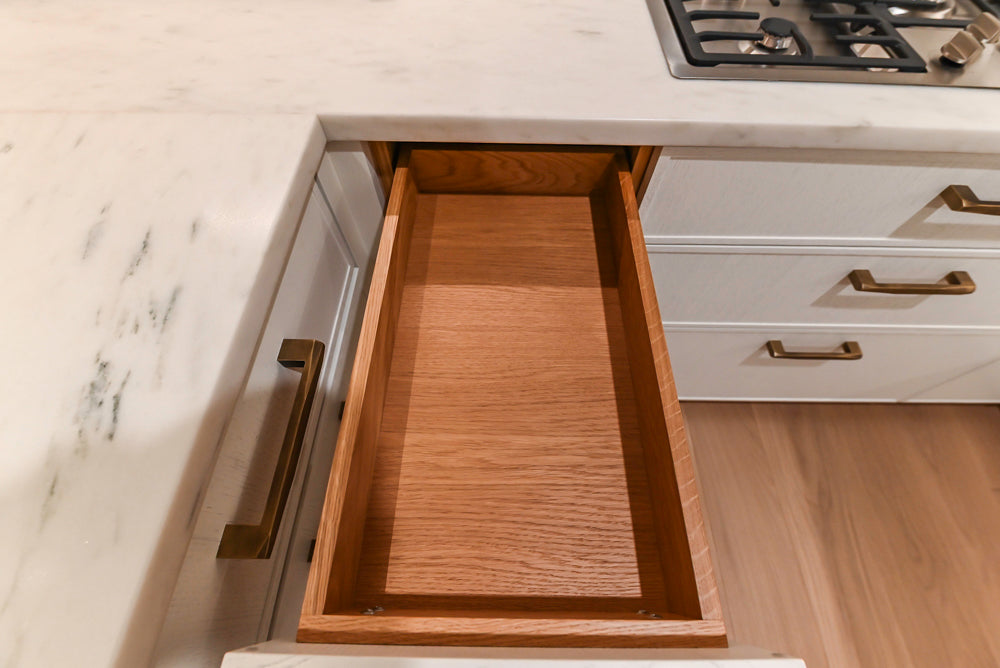 Smallbone Transitional White Oak Kitchen with Marble Countertops & Miele Appliances