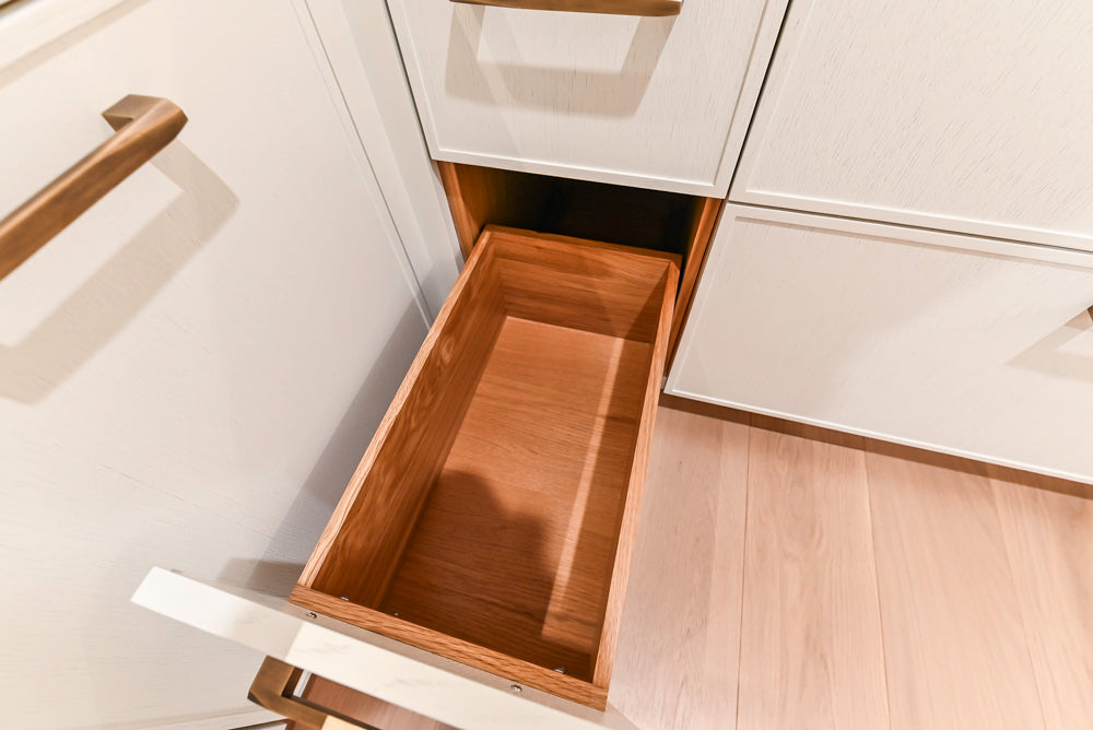 Smallbone Transitional White Oak Kitchen with Marble Countertops & Miele Appliances