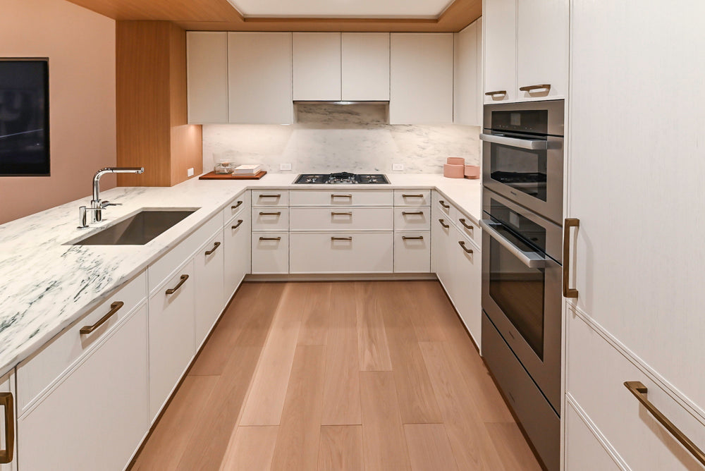 Smallbone Transitional White Oak Kitchen with Marble Countertops & Miele Appliances