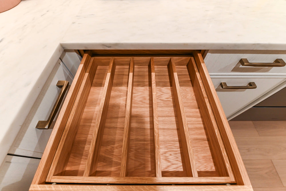 Smallbone Transitional White Oak Kitchen with Marble Countertops & Miele Appliances