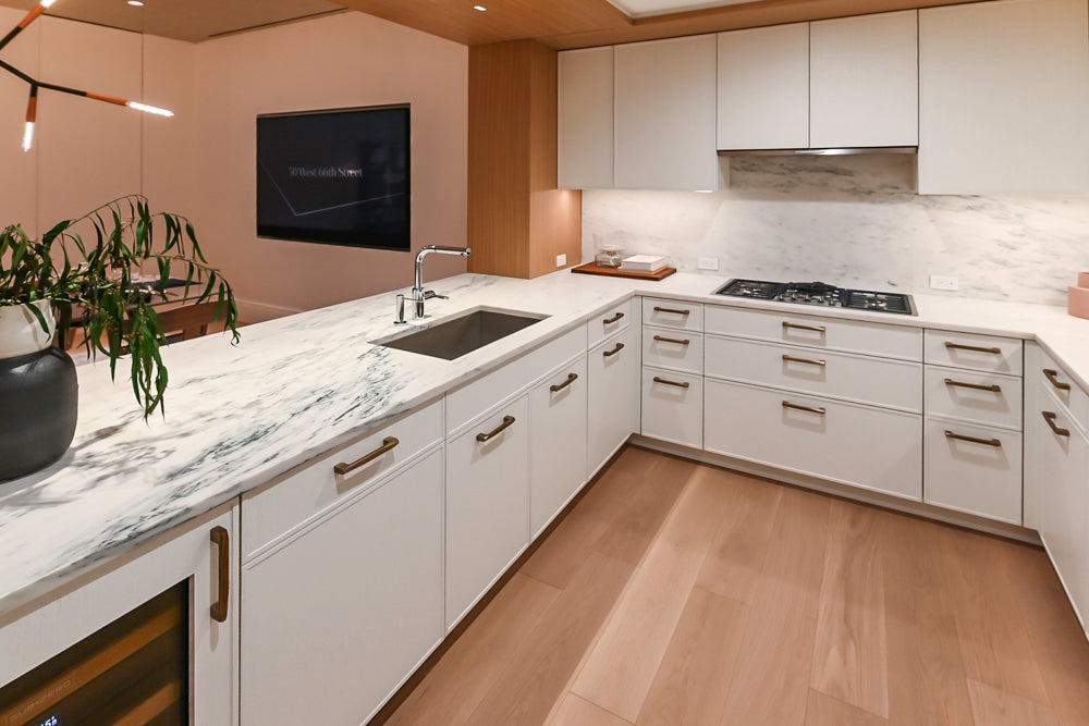 Smallbone Transitional White Oak Kitchen with Marble Countertops & Miele Appliances